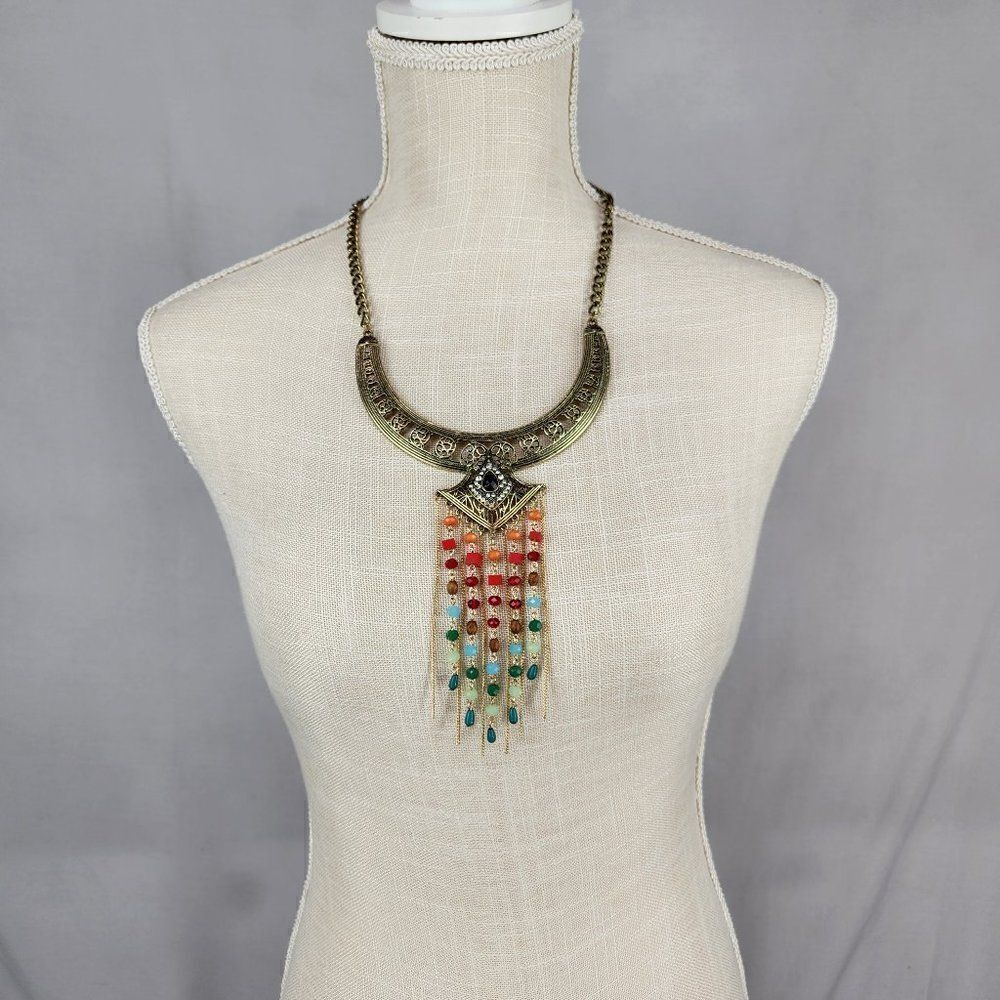 Women’s Bib Statement Collar Necklace Black & Crystal W/ Multi Color Dangle Bead